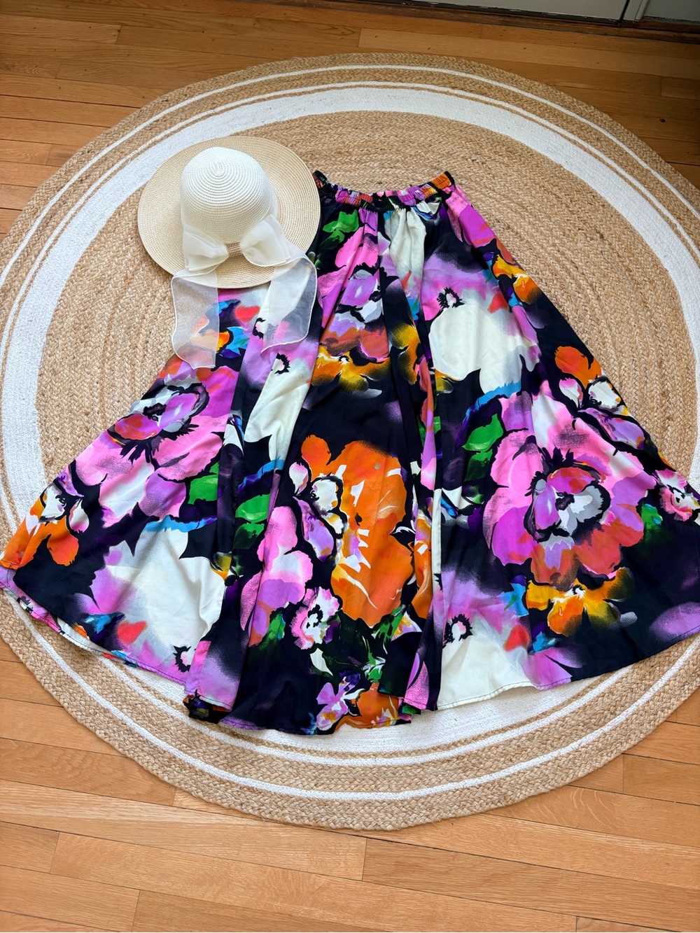 Bold Floral Circle Skirt in Black, Pink & Orange